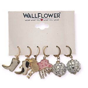 Wallflower Western Cowgirl Hat Boots Disco Ball 3-Pack Drop Earrings Set